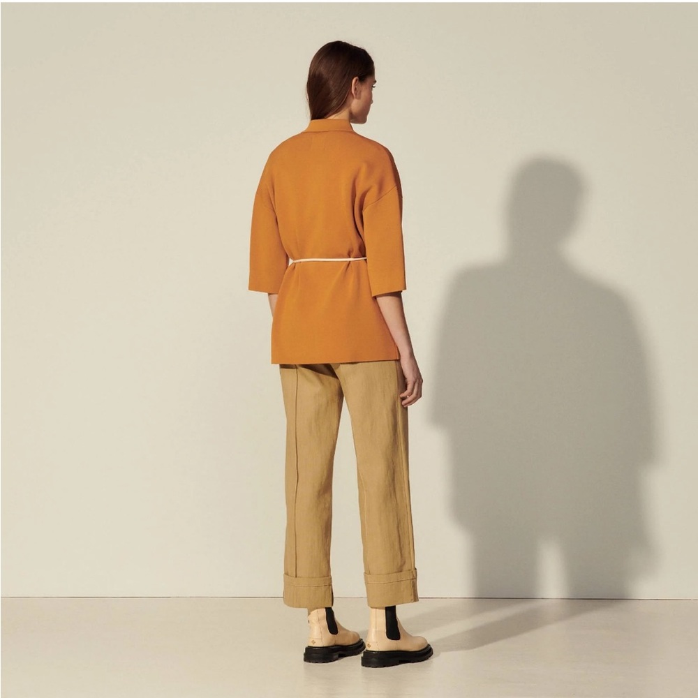 Sandro Martine Belted Over-Shirt Style Cardigan In Ochre - Picture 5 of 14